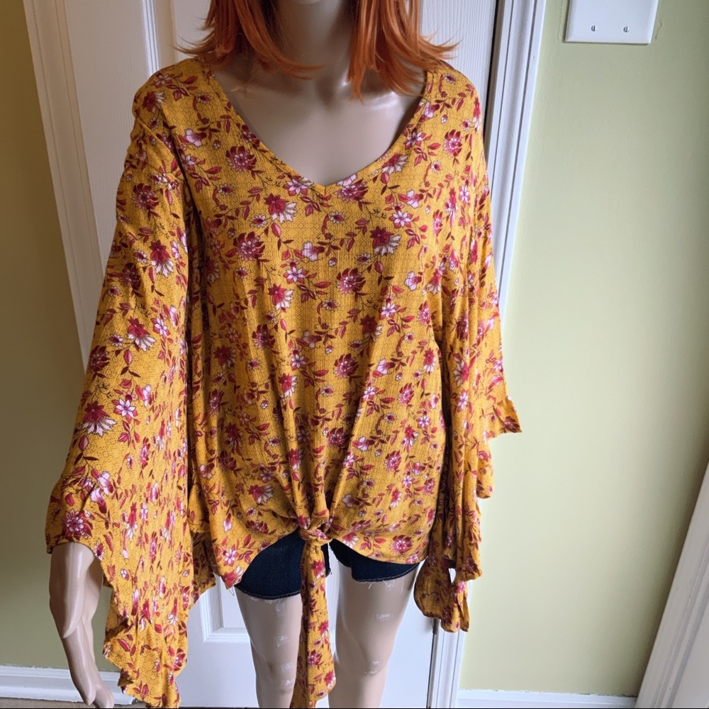 HPx2 Mustard Red Floral Tunic Relaxed Fit Ruffle Butterfly Sleeves Tie Waist SML - Picture 5 of 16